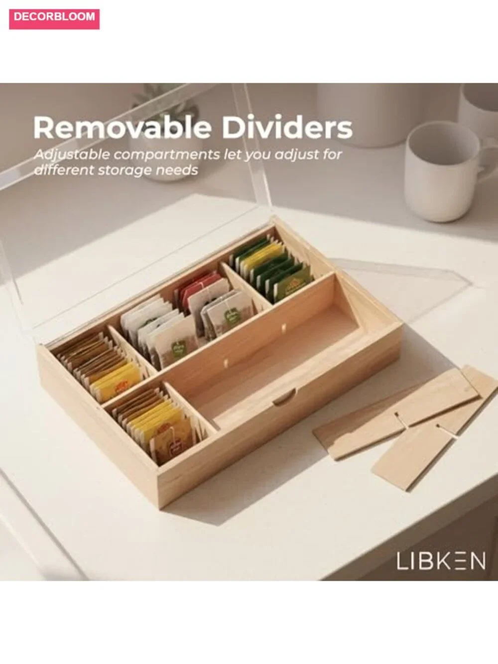 Wooden Tea Bag Organizer Box - 8 Compartment Storage with Clear Lid
